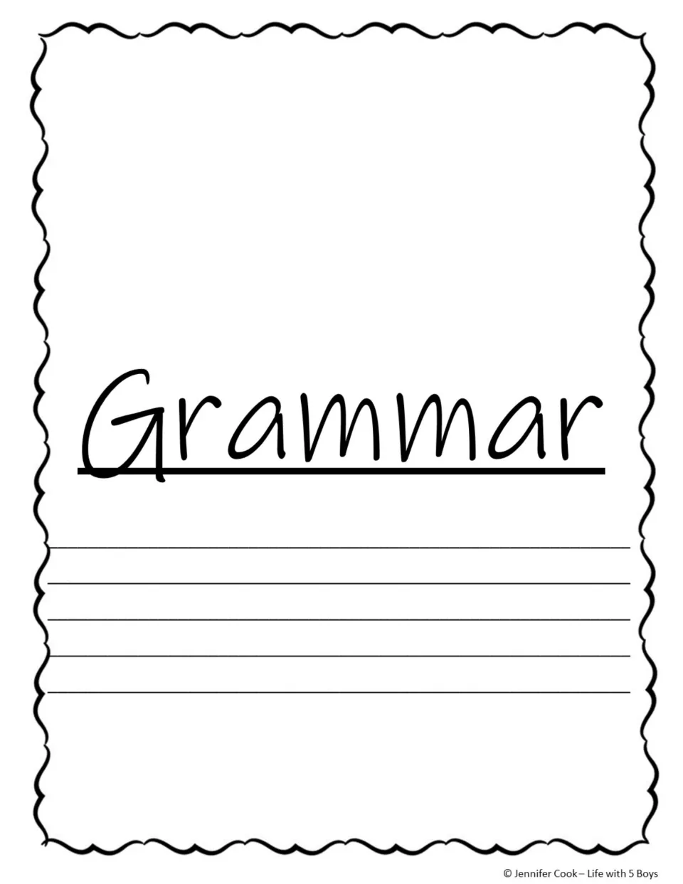 Grammar subject title page with space for teacher notes about activities in the emergency substitute plans