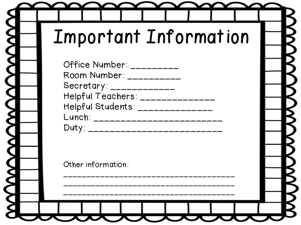 Important Information form for the substitute records office and room numbers, helpful contacts, lunch, and duty