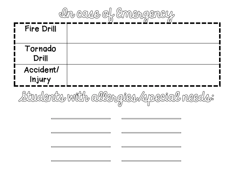 Emergency information form covers fire and tornado drills, accidents or injuries, and student allergies or needs