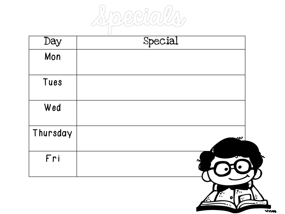 Specials schedule form records each day's special from Monday through Friday for the substitute teacher