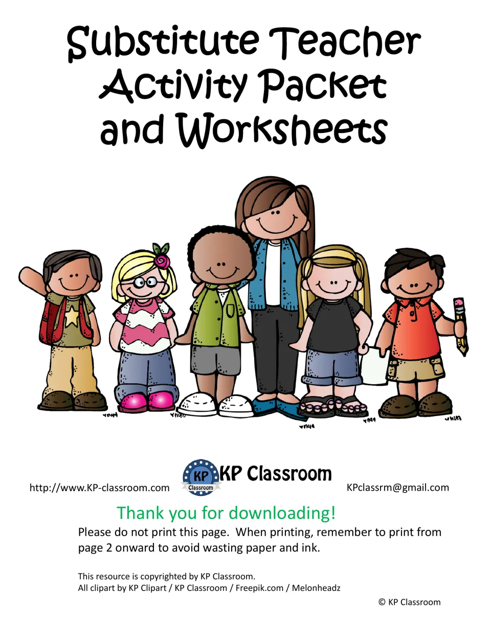 Substitute Teacher Activity Packet and Worksheets cover by KP Classroom: a teacher with five students and a print note