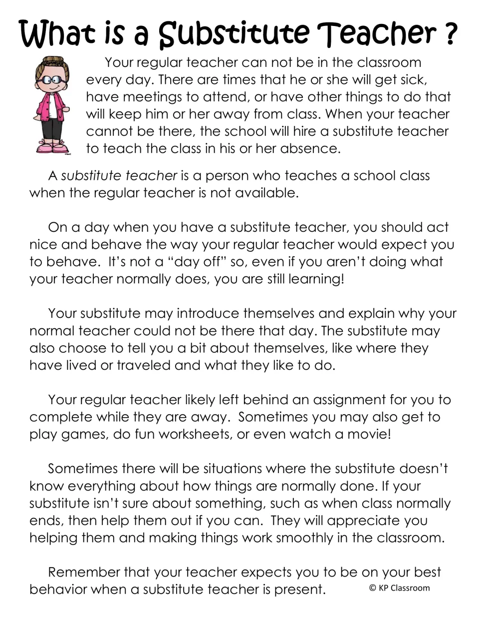 What is a Substitute Teacher? reading passage defining the role and how students should behave and help a sub in class
