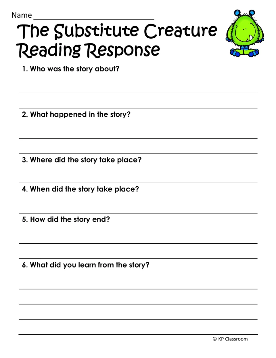 The Substitute Creature reading response: students answer who, what, where, when and how-it-ended questions about the story
