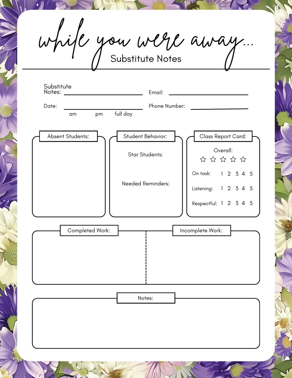 Substitute notes form, purple floral theme: absent students, star students, 1-5 class ratings, completed and incomplete work