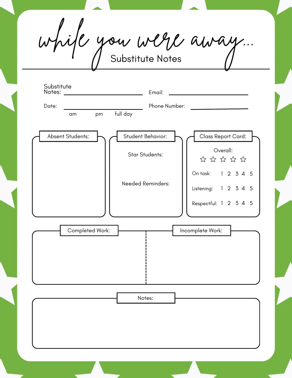 Substitute notes form, green star theme: absent students, needed reminders, star ratings, on-task and listening scores