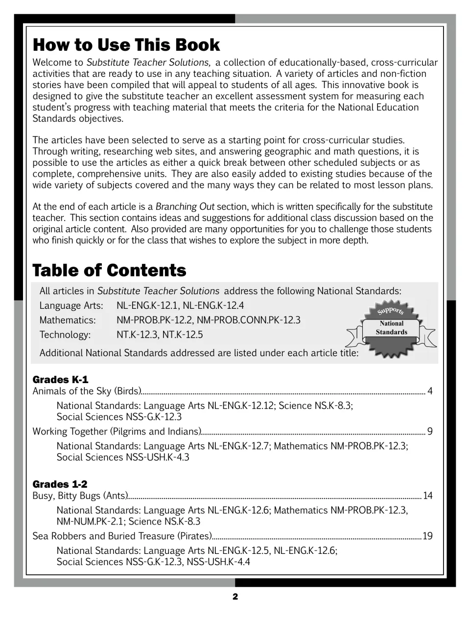 How to Use This Book and table of contents: Branching Out notes for subs, plus Birds, Pilgrims, Ants and Pirates units