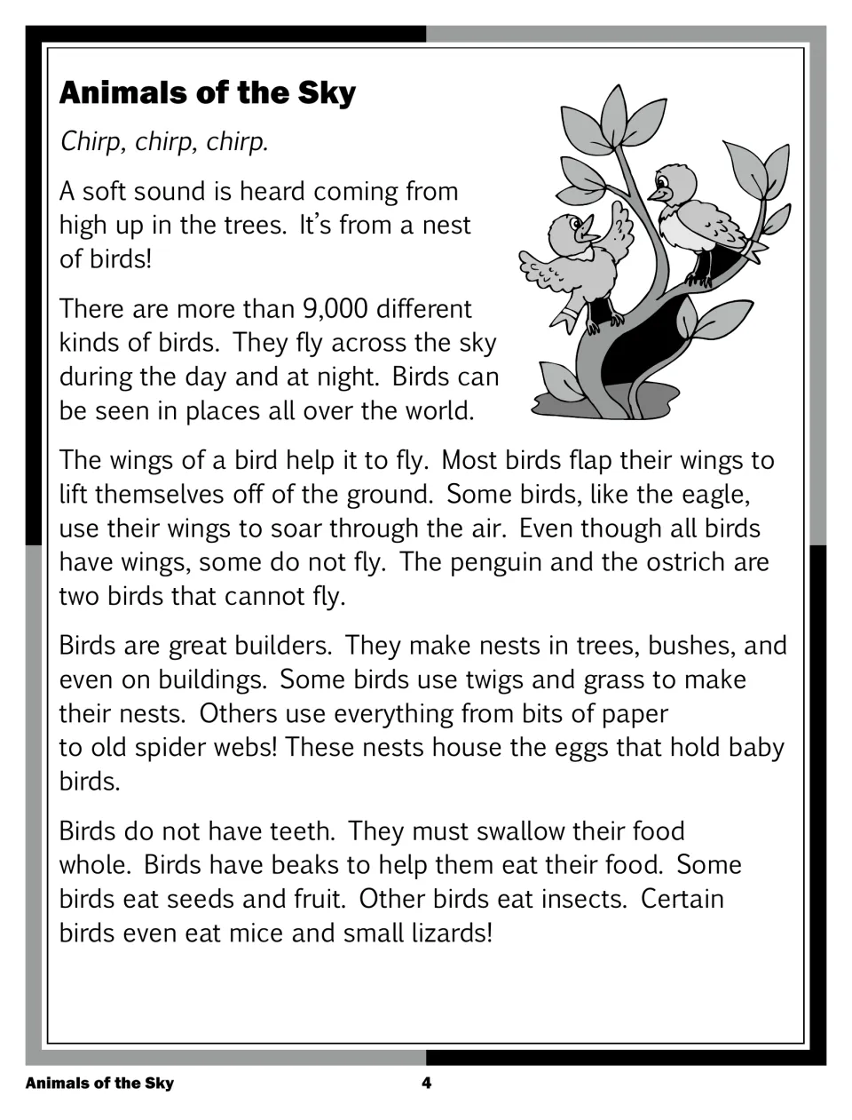 Animals of the Sky: nonfiction reading on how birds fly, build nests and eat, and why penguins and ostriches can't fly