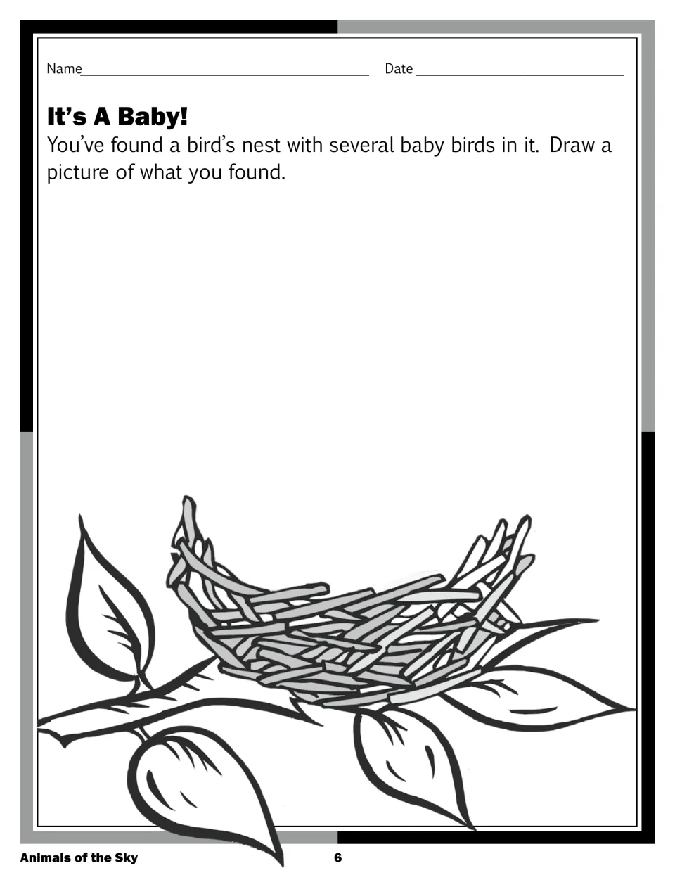 It's A Baby! drawing prompt: students imagine finding a bird's nest with baby birds and draw what they found