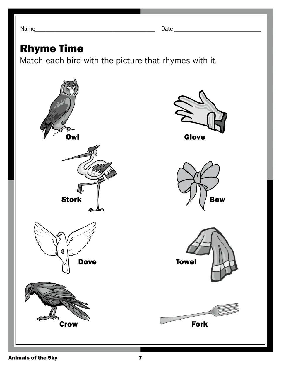 Rhyme Time: students match each bird (owl, stork, dove, crow) to a rhyming picture: glove, bow, towel or fork