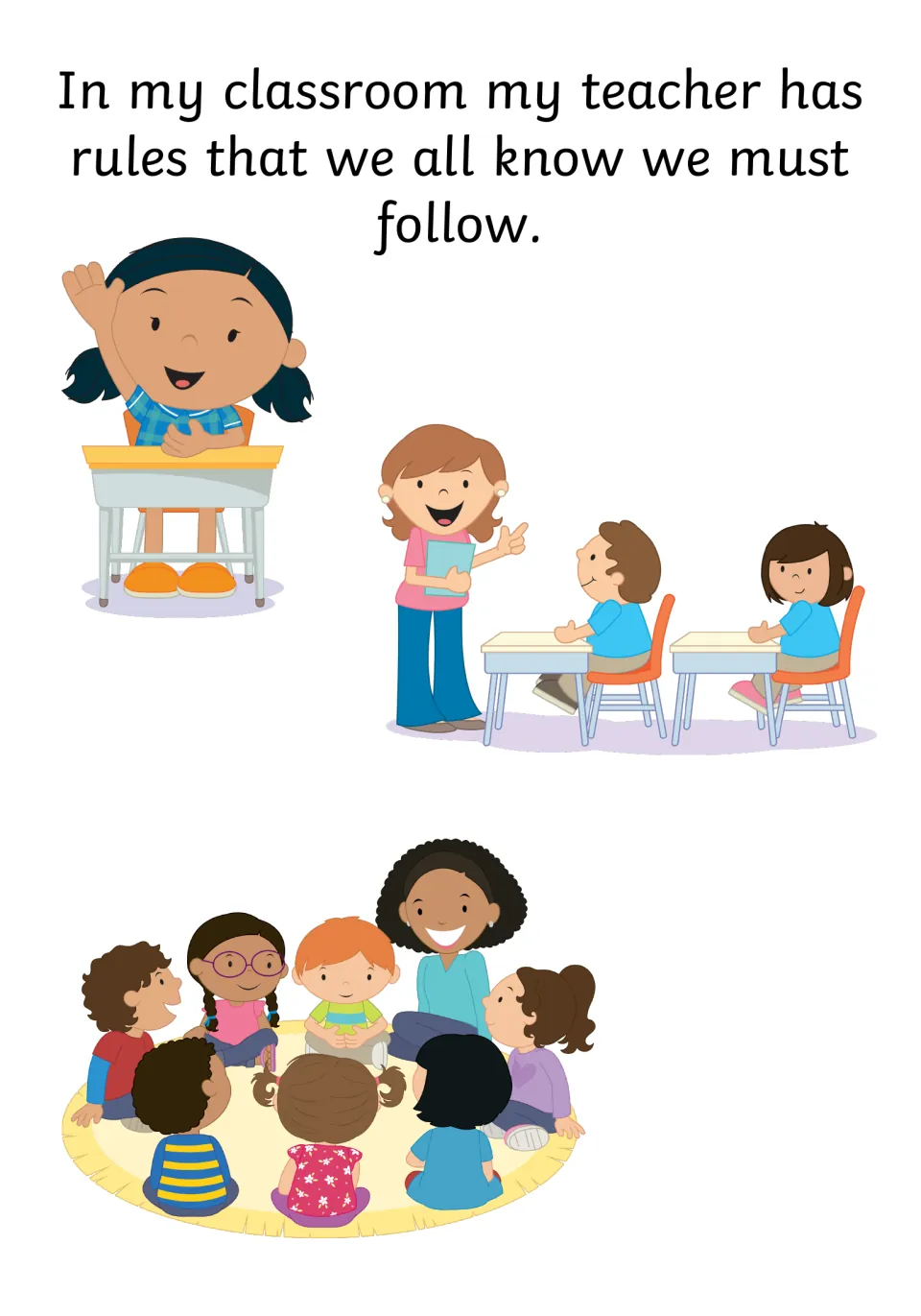 Classroom rules page: 'my teacher has rules that we all know we must follow,' with a raised hand, desks and circle time