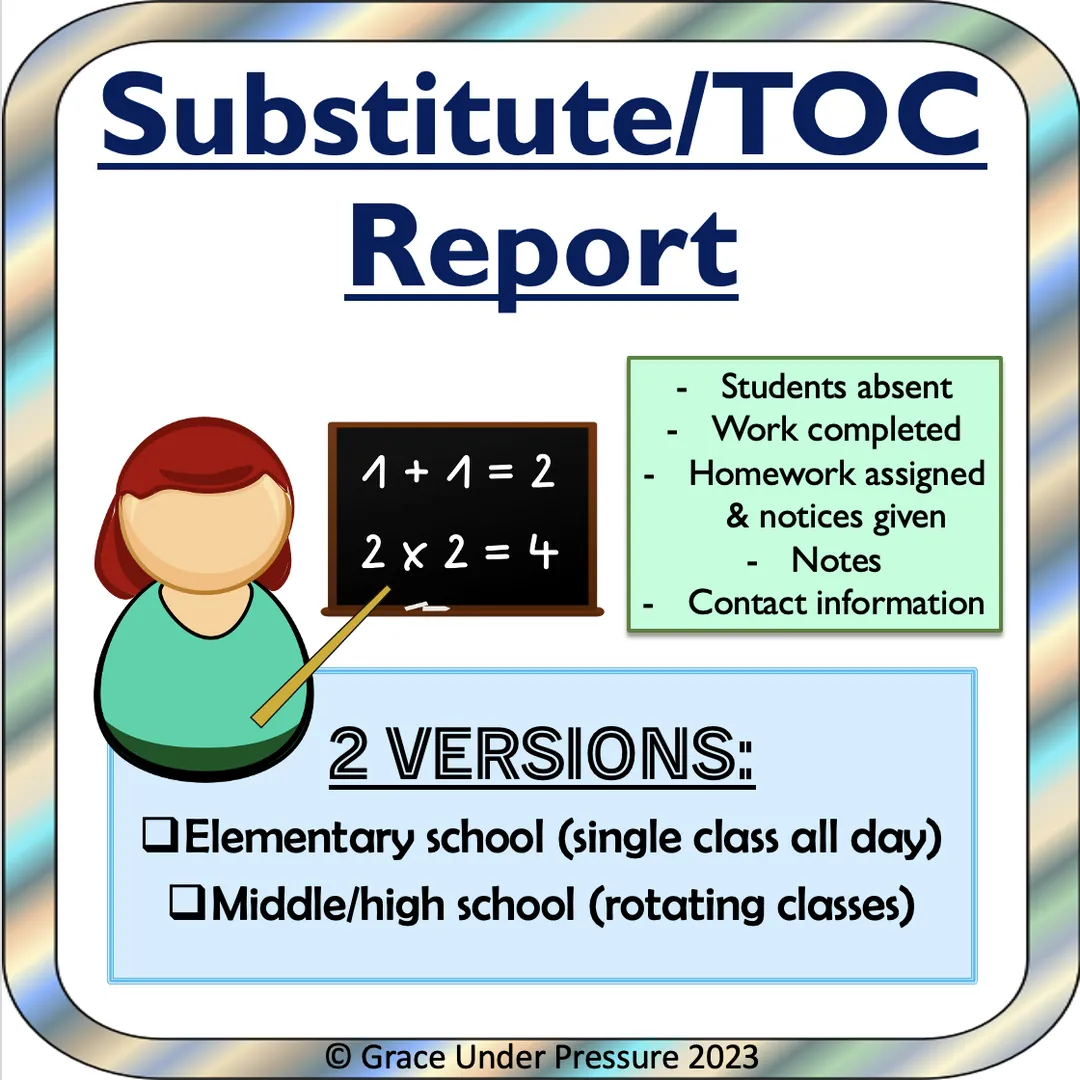 Substitute Teacher/TOC Daily Report Forms for Elementary & High School – cover