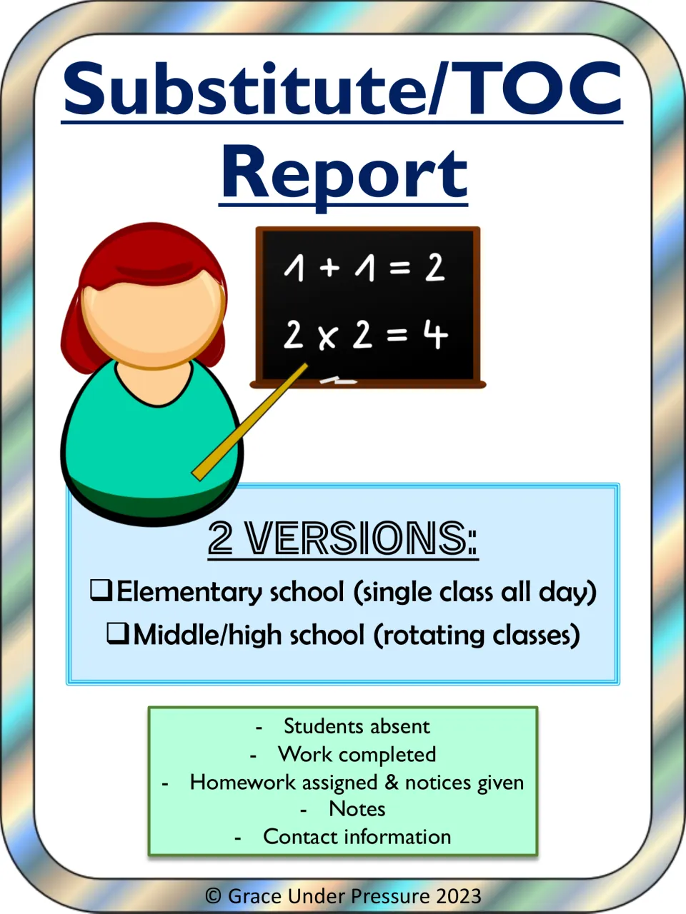 Substitute/TOC Report cover listing elementary and middle/high school versions plus absences, work and homework sections