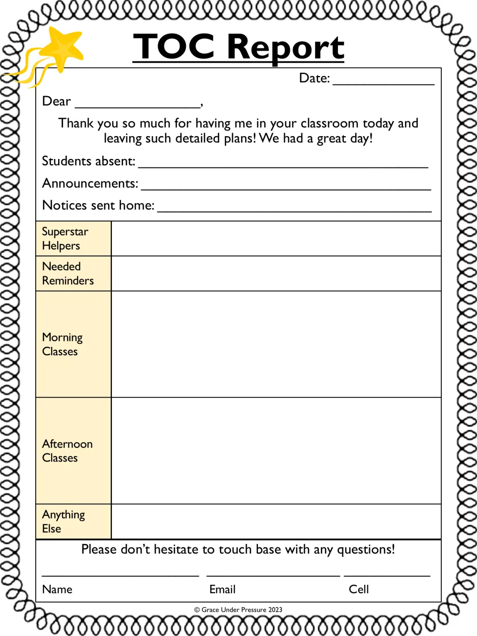 TOC Report note version: thank-you letter with absences, notices, superstar helpers, reminders and a summary of the day