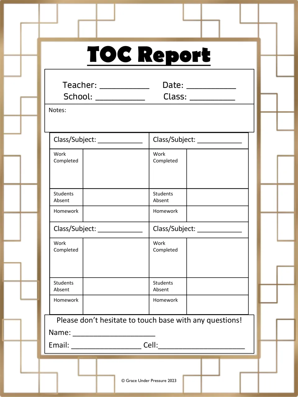 TOC Report for middle/high school: four class/subject sections logging work completed, students absent and homework