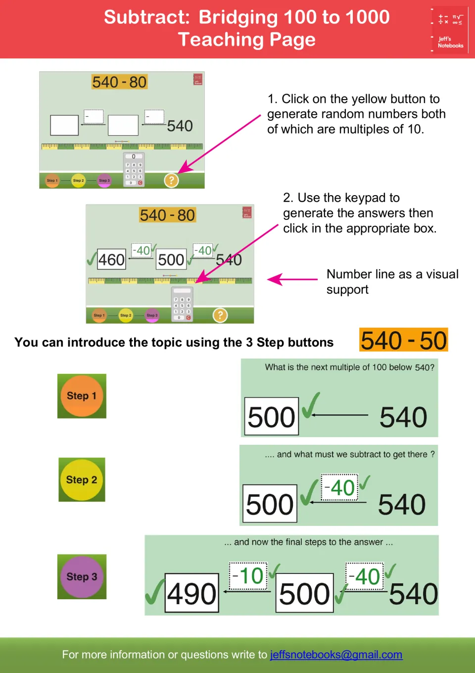 Teaching page for 540 - 50: Step buttons subtract 40 to reach 500, then 10 more to get 490, with a number line as support