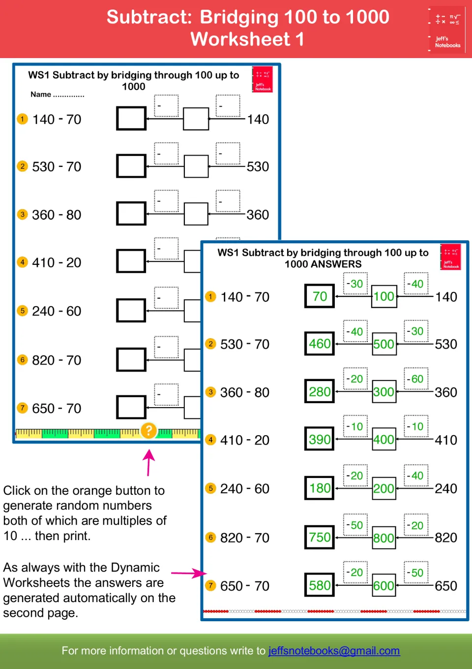 Worksheet 1 guide: seven problems like 140 - 70 solved in two steps by bridging through 100, shown beside the answers