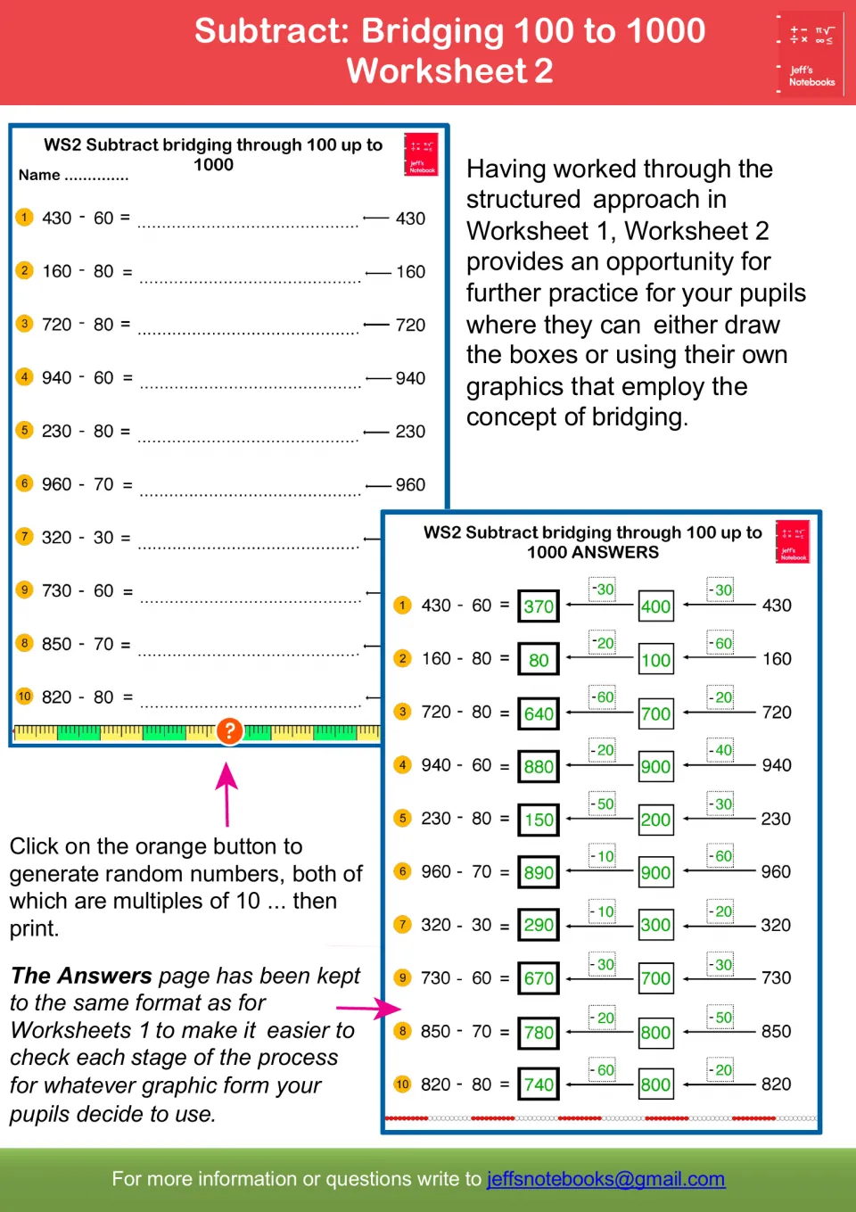 Worksheet 2 guide: ten problems like 430 - 60 where pupils draw their own bridging steps, with answers for each step