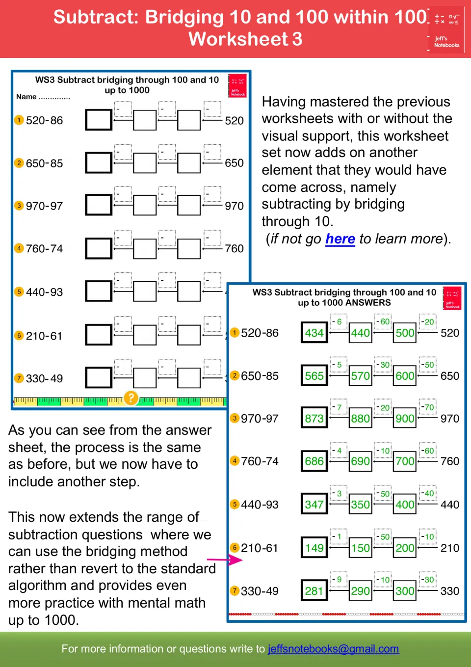 Worksheet 3 guide: subtracting by bridging through both 10 and 100, such as 520 - 86 = 434, in three steps with answers