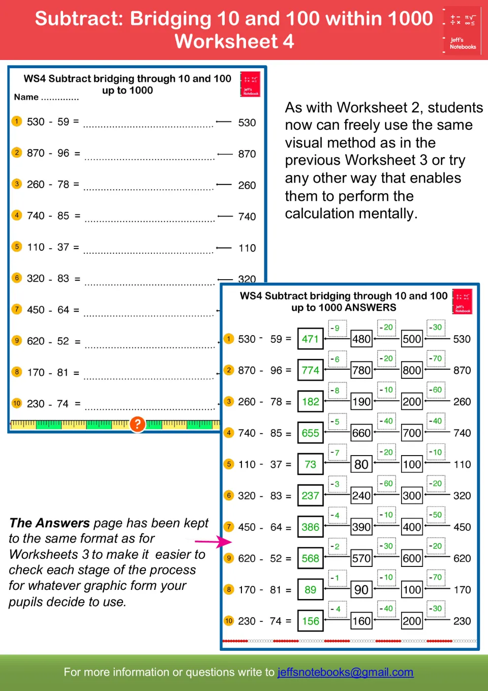 Worksheet 4 guide: ten problems like 530 - 59 solved mentally by bridging 10 and 100 any way pupils choose, with answers