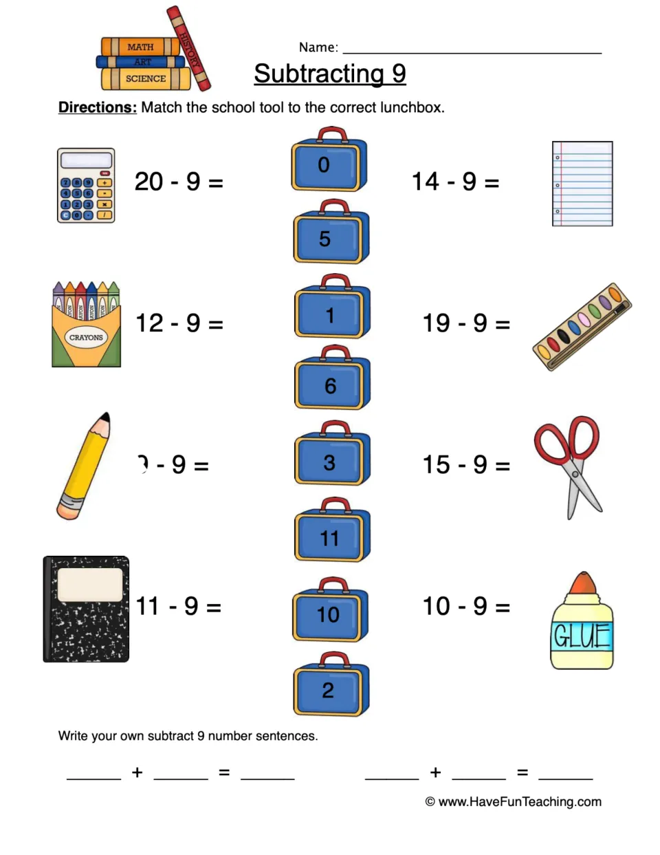 Subtraction practice: match eight subtract-9 problems, including 20 - 9 and 14 - 9, to lunchbox answers.