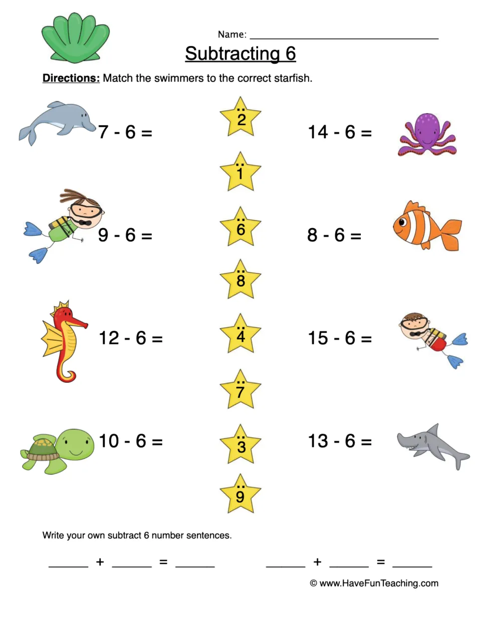 Subtract-six matching practice: eight equations from 7 - 6 to 15 - 6 and a prompt to write number sentences.