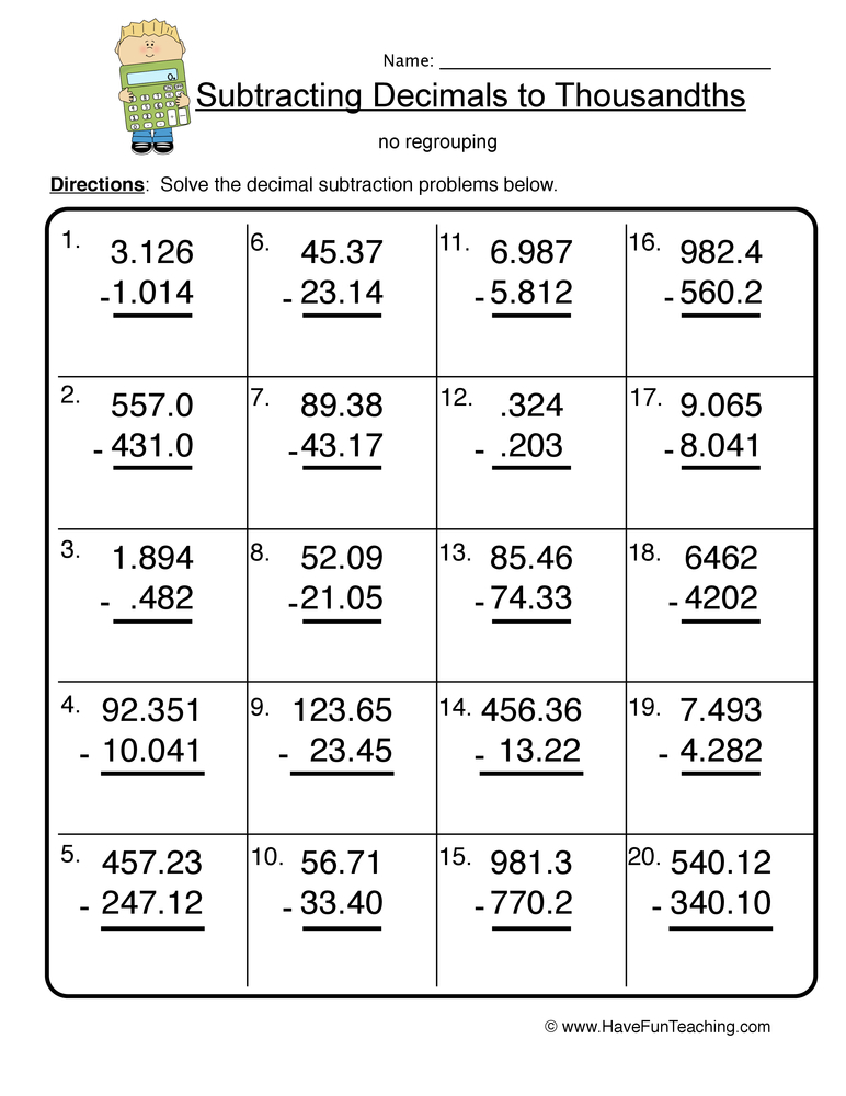 Subtract to Thousandths Decimal Worksheet teaching resource preview