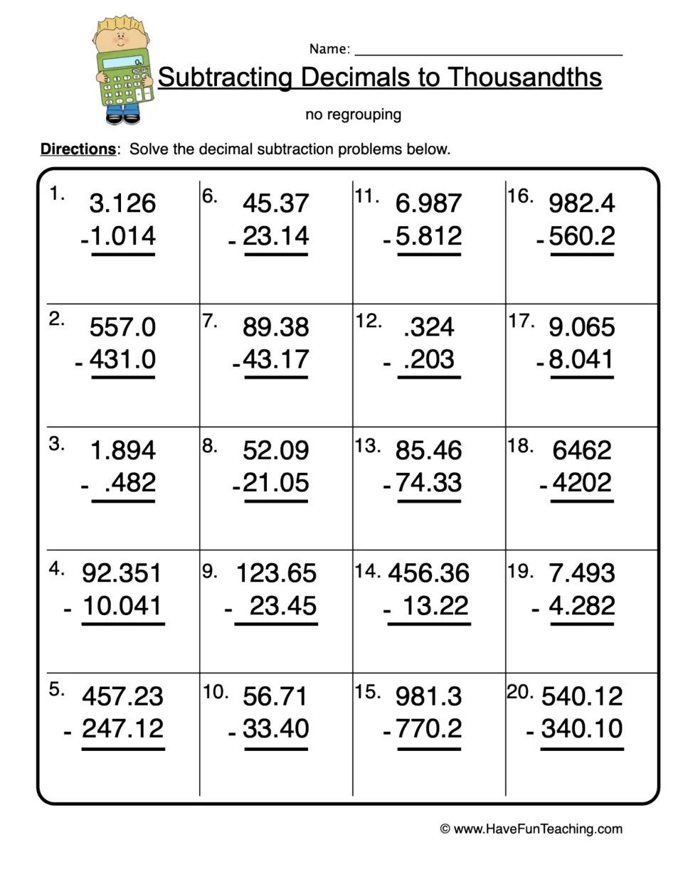 Subtracting Decimals to Thousandths, no regrouping: students solve 20 vertical subtraction problems like 3.126 - 1.014
