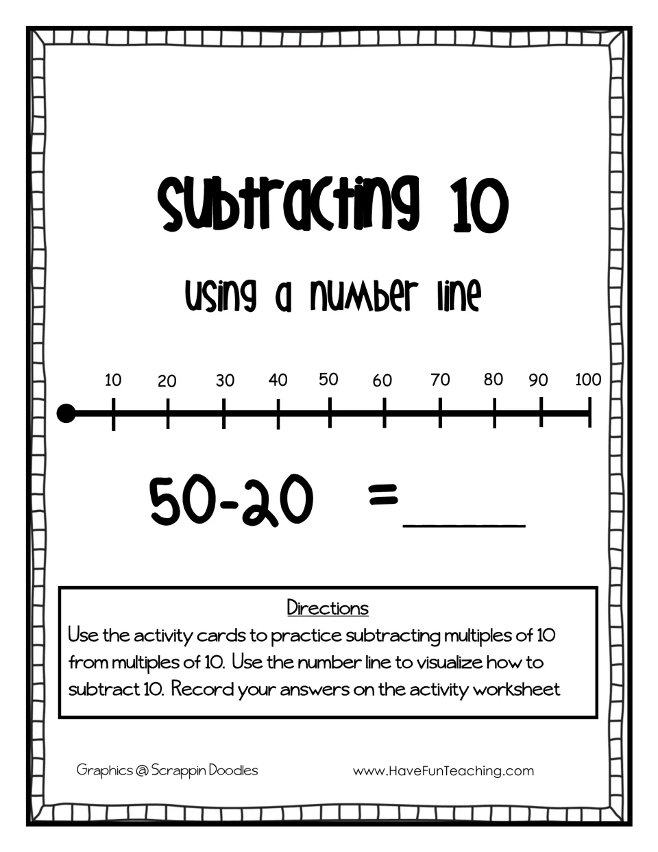 Subtracting 10 cover with a 10-100 number line, sample card 50-20, and directions to record answers on the worksheet