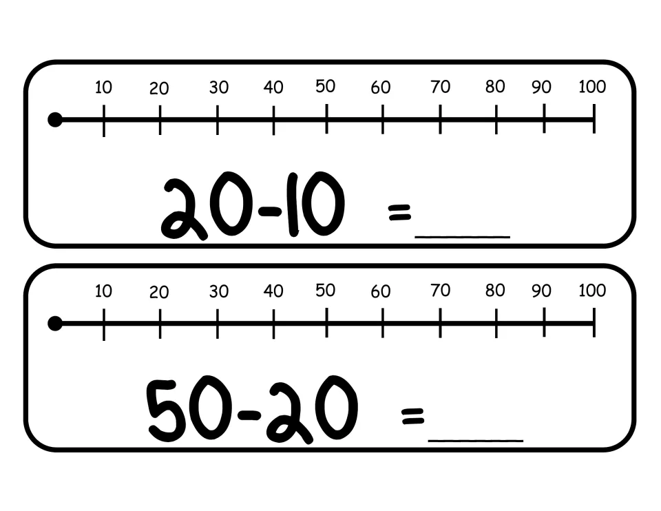 Subtracting tens task cards: students solve 20-10 and 50-20 by counting back by tens on a number line from 10 to 100