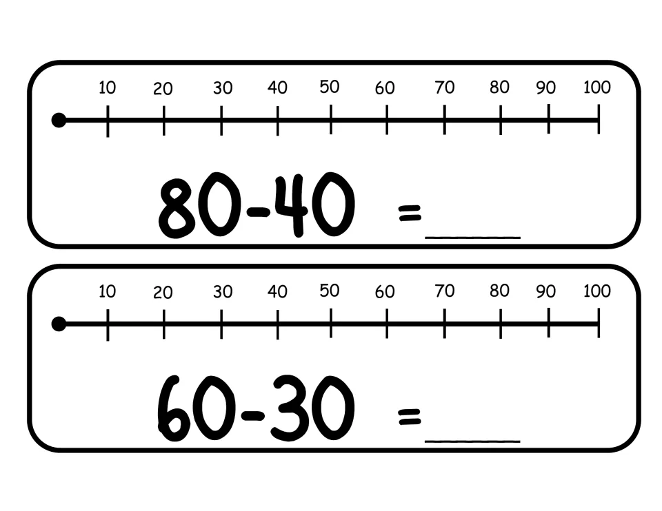 Task cards with 80-40 and 60-30: students count back by tens on a 10 to 100 number line to take away four and three tens