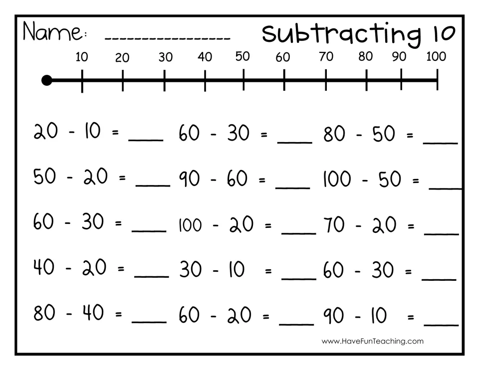 Subtracting 10 recording sheet: students write answers to 15 problems such as 20-10 and 100-50, using a number line to 100