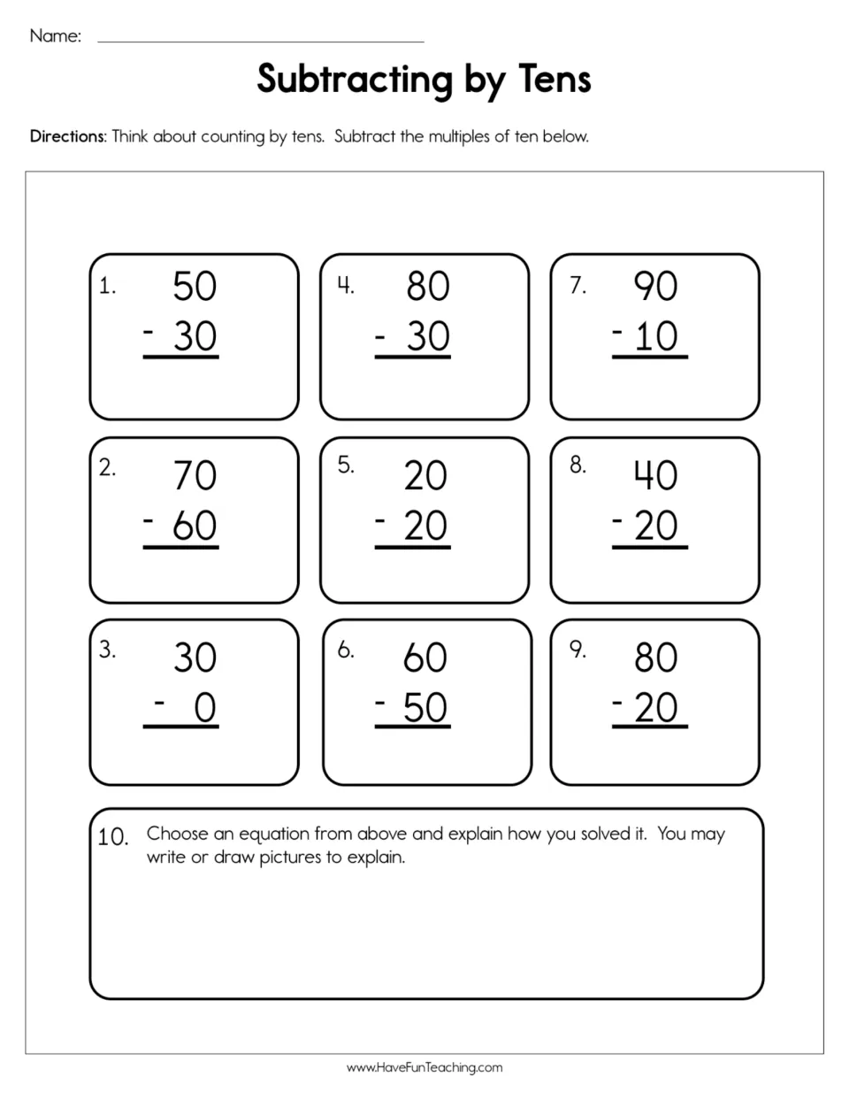 Subtracting multiples of ten: students solve 9 problems like 50 - 30 by counting by tens, then explain one strategy