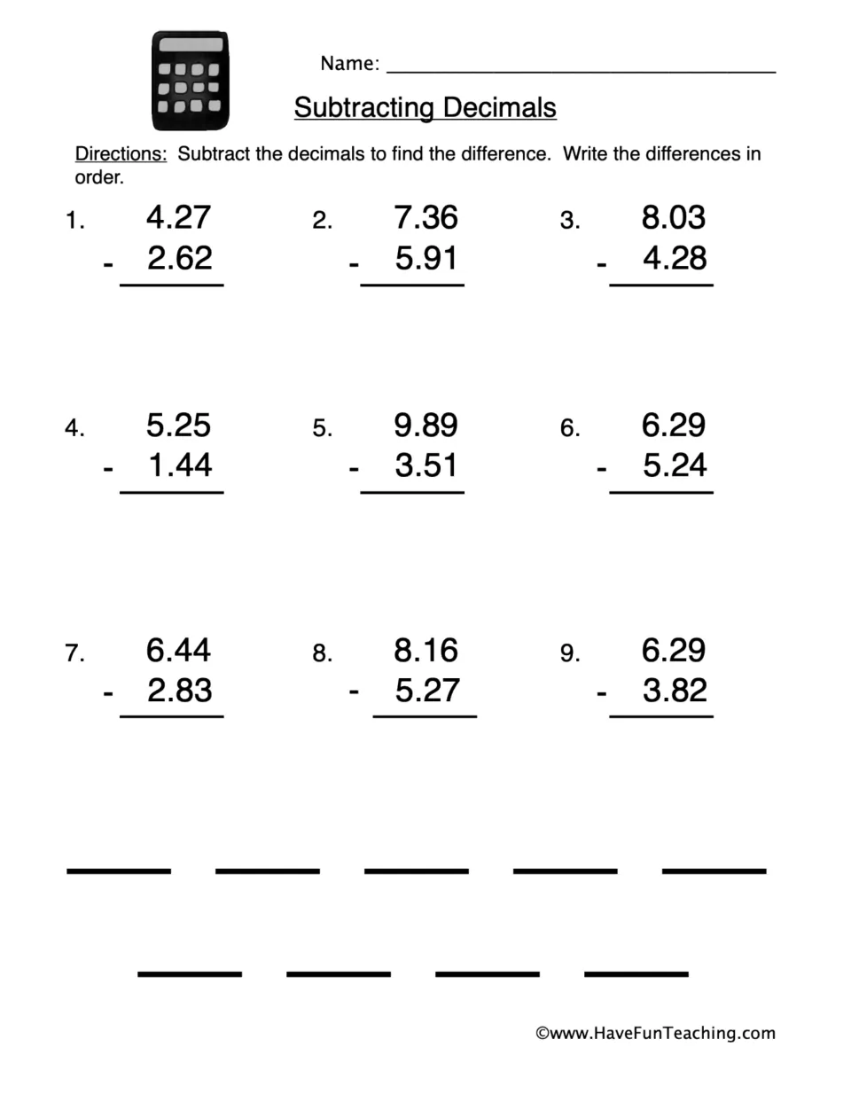 Subtracting decimals to hundredths: students solve 9 problems such as 4.27 minus 2.62, then write the differences in order