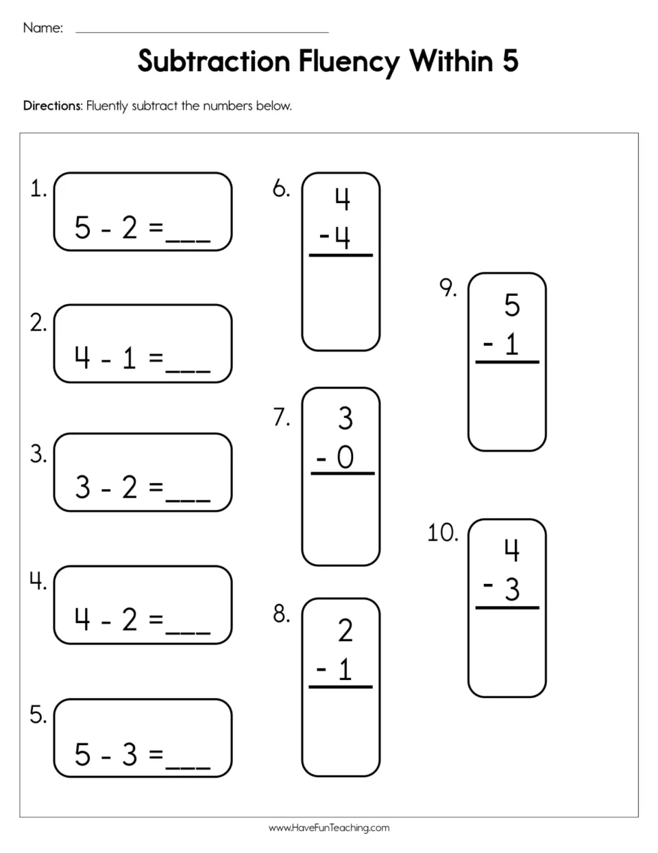 Subtraction practice within 5: 10 horizontal and vertical problems, including 5 - 2, 4 - 1, and 3 - 2.