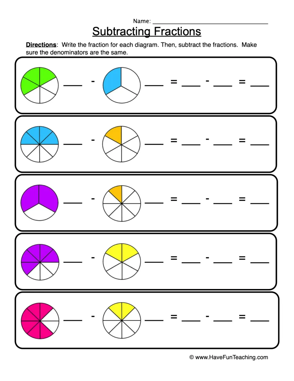 Fraction subtraction practice: five shaded-circle problems, including 3/6 minus 1/3 and 4/8 minus 1/6.