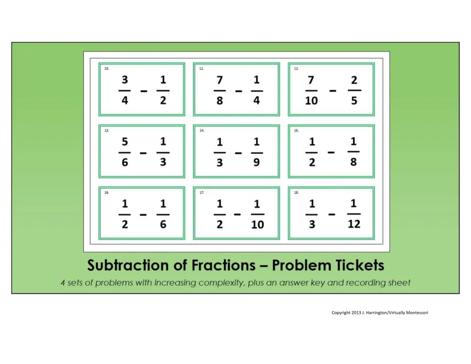 Subtraction of Fractions Problem Tickets cover: 4 sets of problems, an answer key and recording sheet; tickets 10-18 shown