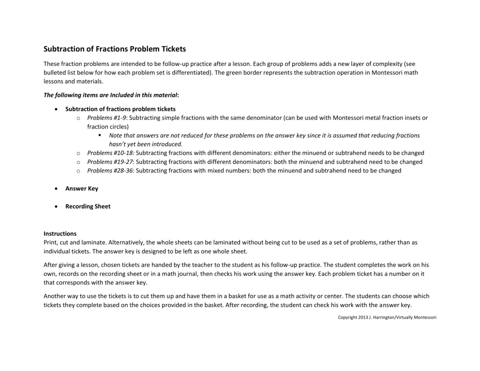 Teacher notes: overview of 4 subtraction-of-fractions problem sets #1-36 with printing, laminating and center instructions