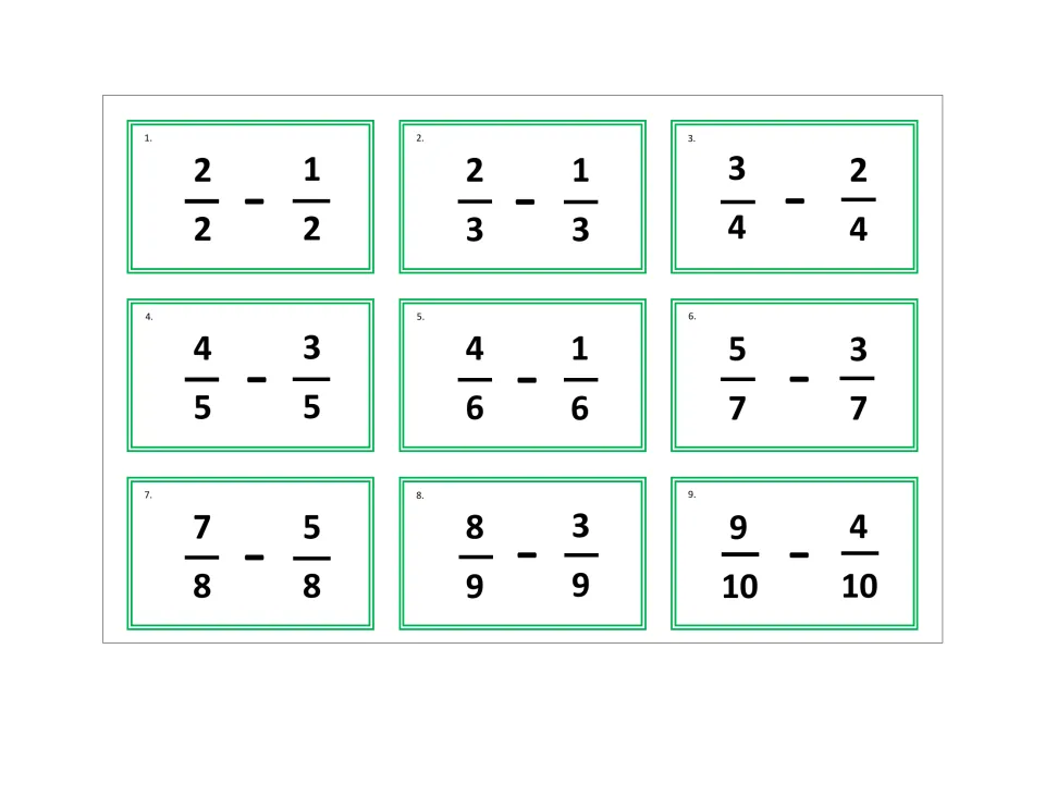 Subtracting like fractions: students solve tickets 1-9, from 2/2 - 1/2 to 9/10 - 4/10, each pair sharing a denominator
