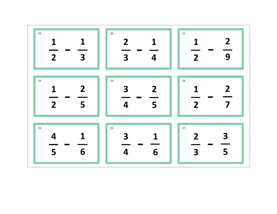 Unlike denominators, both fractions renamed: students solve tickets 19-27, such as 1/2 - 1/3, 3/4 - 2/5 and 2/3 - 3/5
