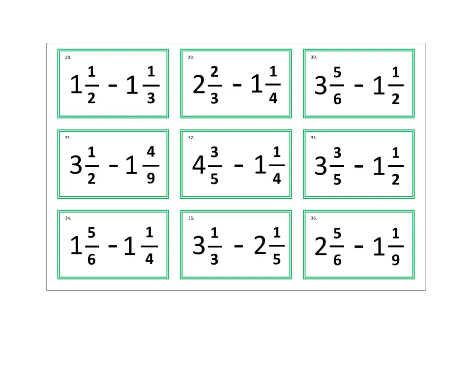 Subtracting mixed numbers: students solve tickets 28-36, such as 1 1/2 - 1 1/3, 4 3/5 - 1 1/4 and 2 5/6 - 1 1/9