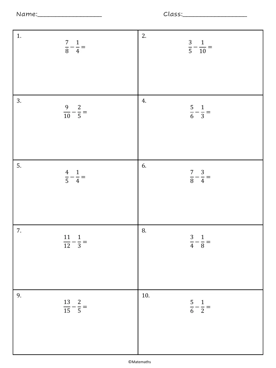 Subtracting unlike fractions: students solve 10 problems such as 7/8 − 1/4 and 13/15 − 2/5, finding common denominators