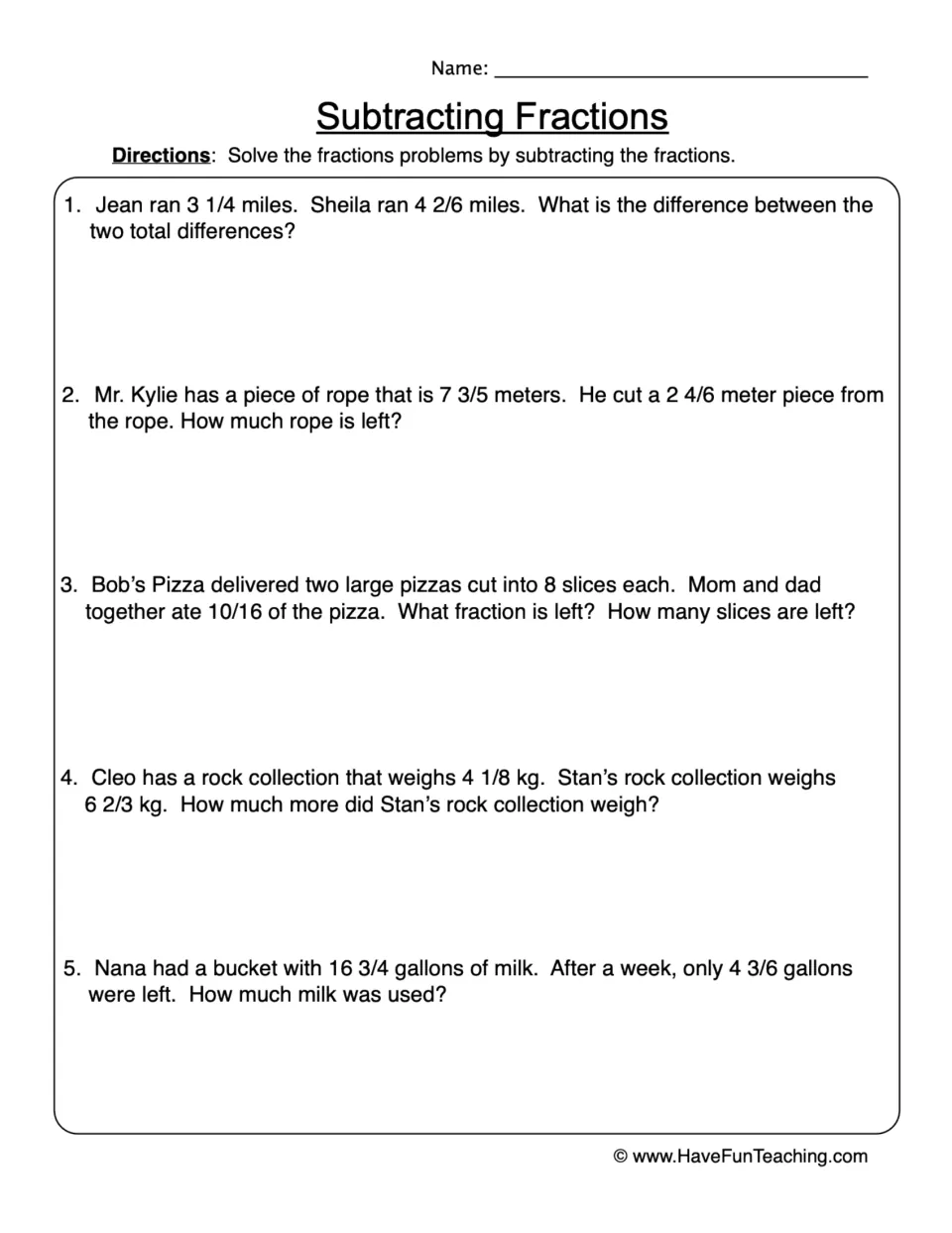 Subtracting Fractions: students solve 5 fraction word problems about miles run, rope, pizza slices, rocks and milk
