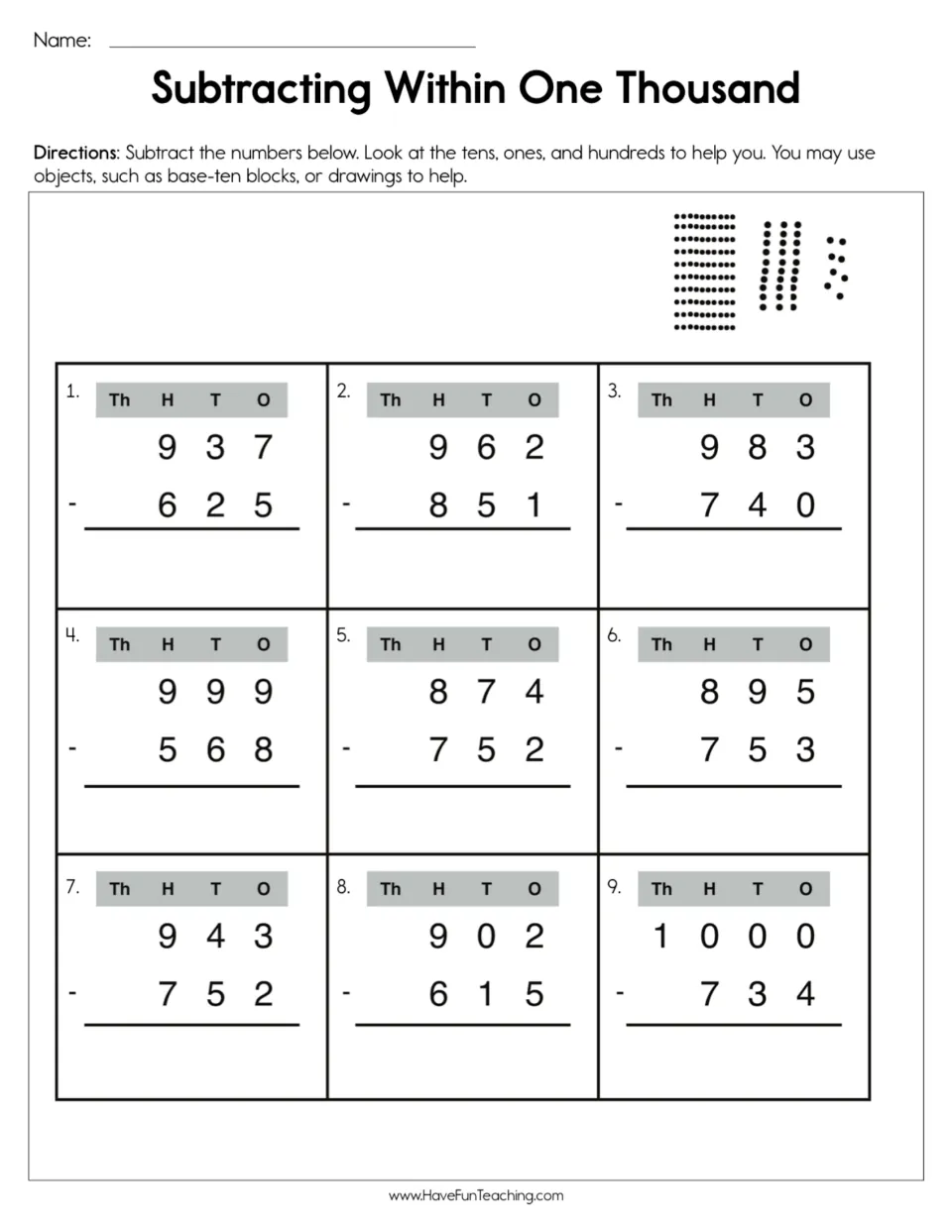 Subtracting within one thousand: students solve 9 three-digit subtraction problems set up by place value