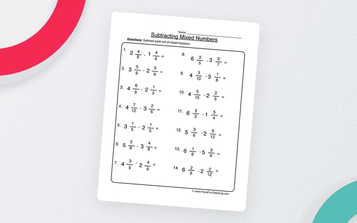 Subtracting Mixed Numbers Worksheet preview: Mixed-number subtraction problems on a single sheet