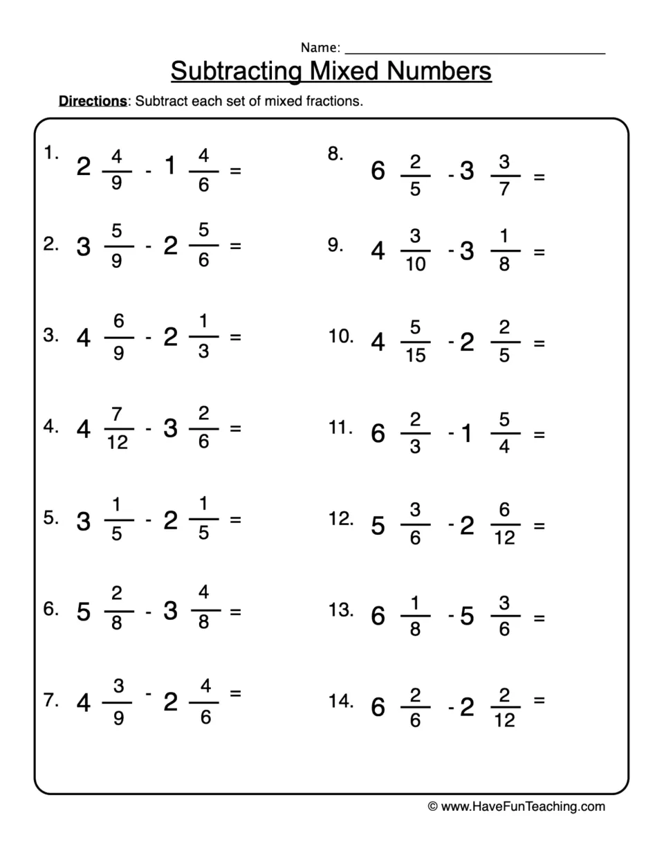 Subtracting mixed numbers: students solve 14 problems such as 2 4/9 - 1 4/6, many with unlike denominators