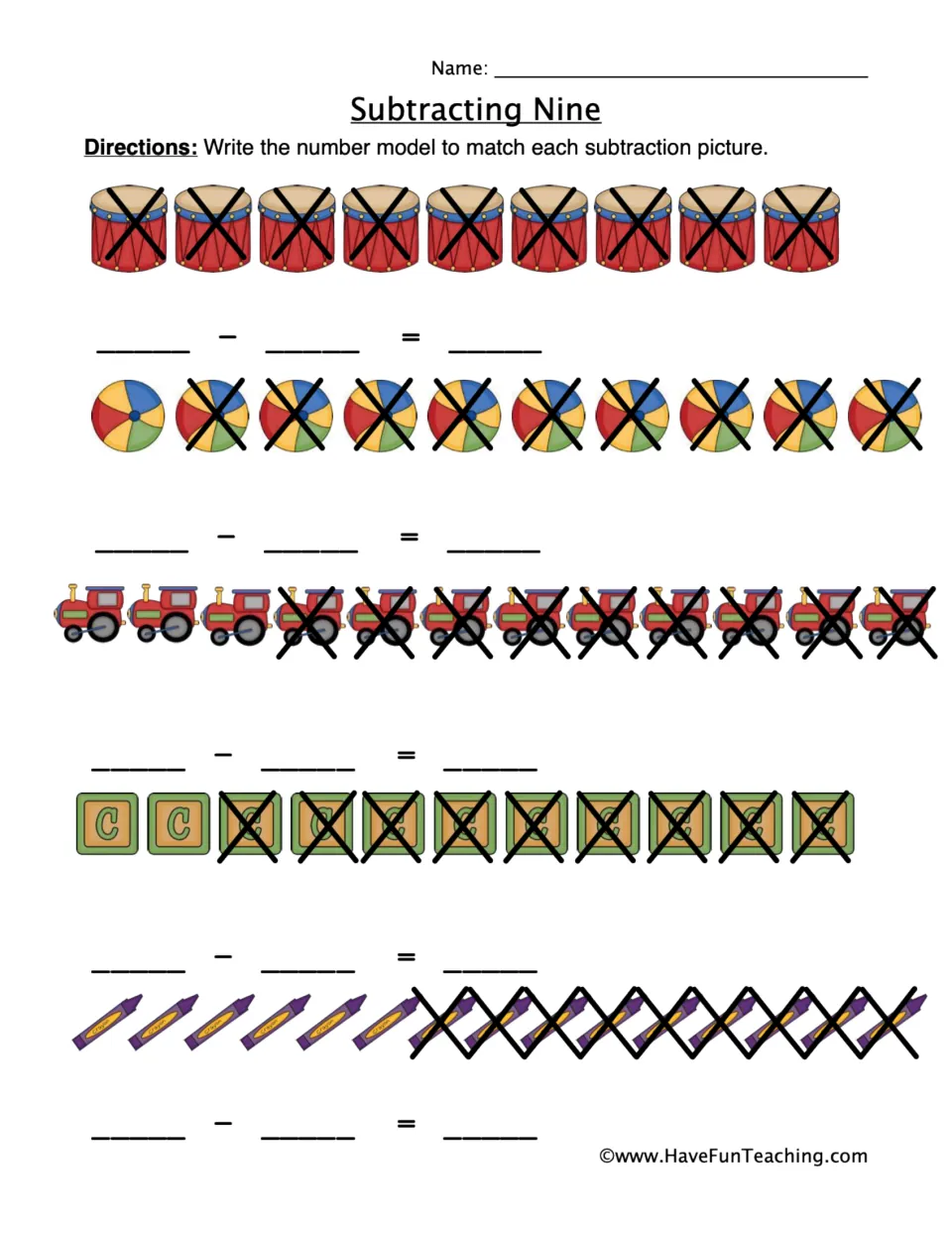Subtracting nine practice: write equations for five pictures of drums, beach balls, trains, blocks, and crayons.
