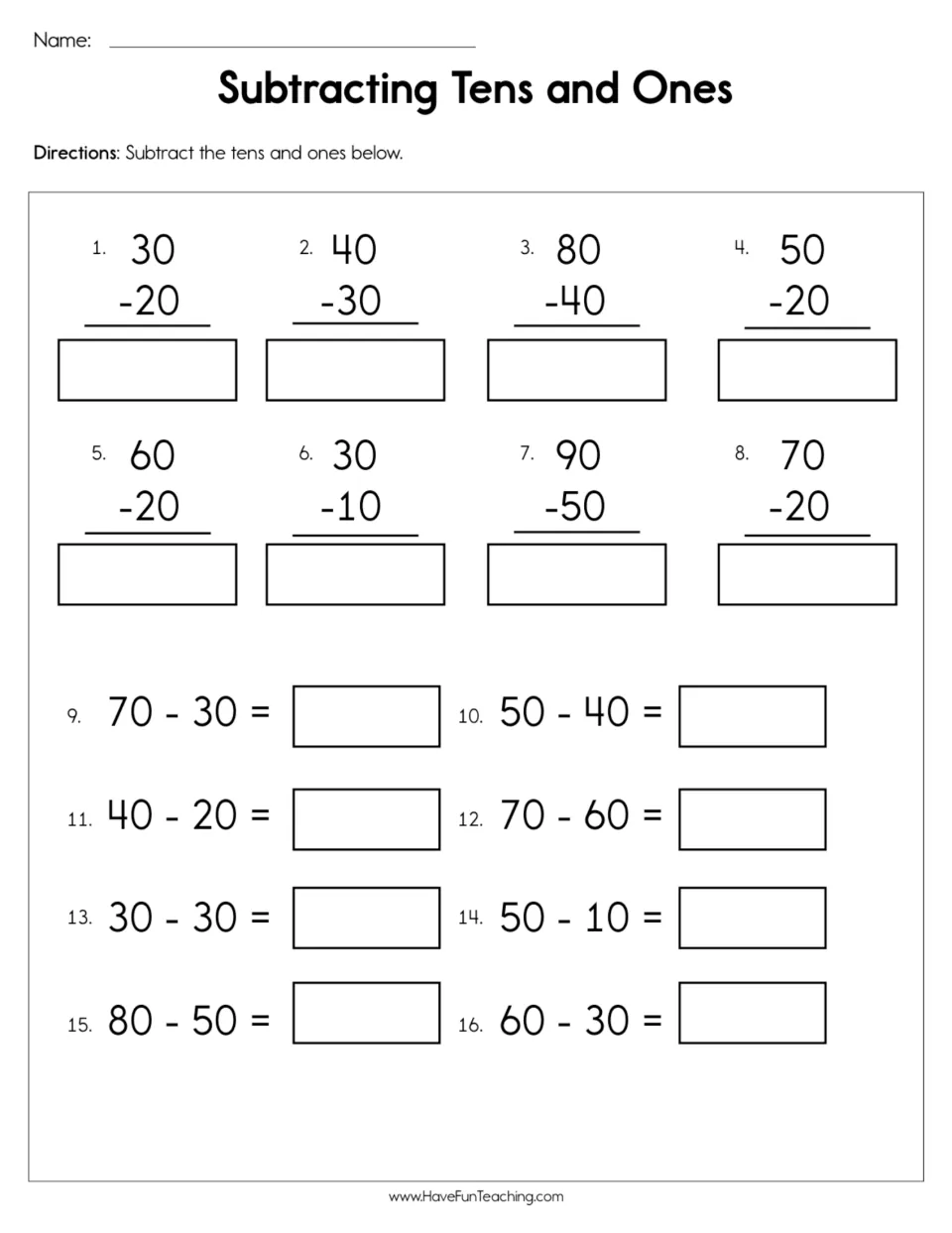 Subtracting multiples of ten: students solve 8 vertical and 8 horizontal problems such as 30 - 20 and 80 - 50