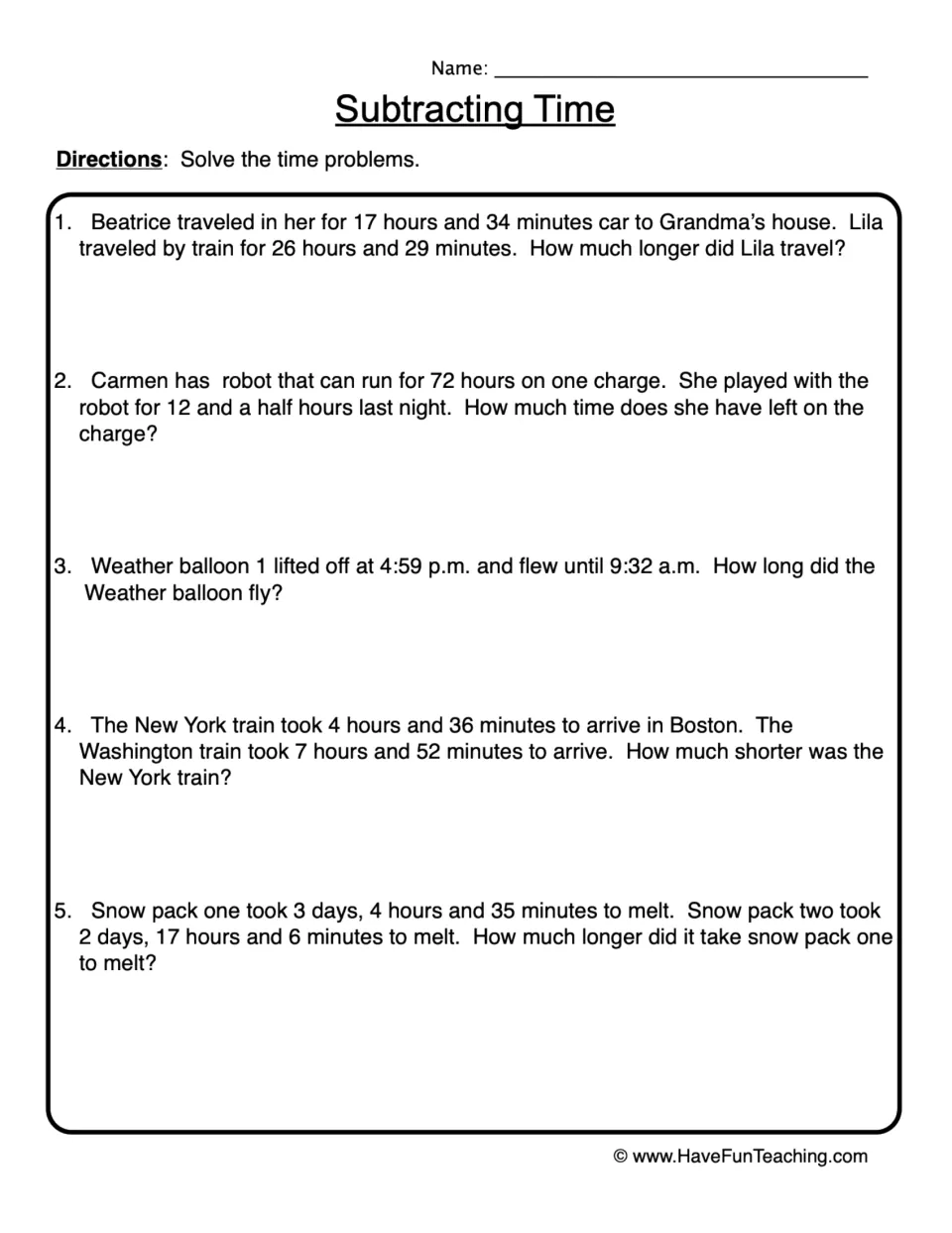 Elapsed time word problems: students solve 5 problems subtracting hours, minutes and days for trips, trains and a balloon