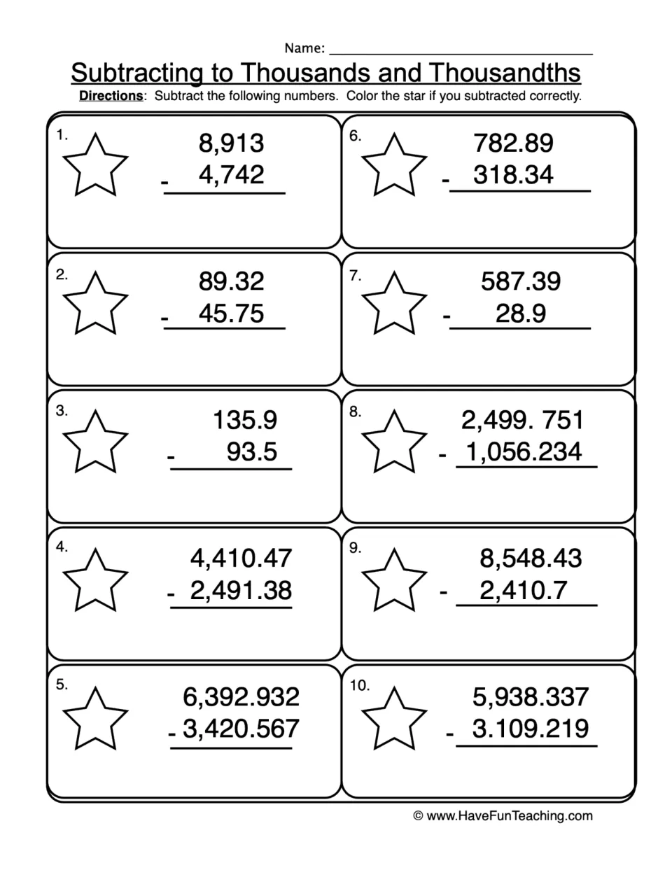 Subtracting whole numbers and decimals to thousandths: students solve 10 vertical problems, coloring a star if correct