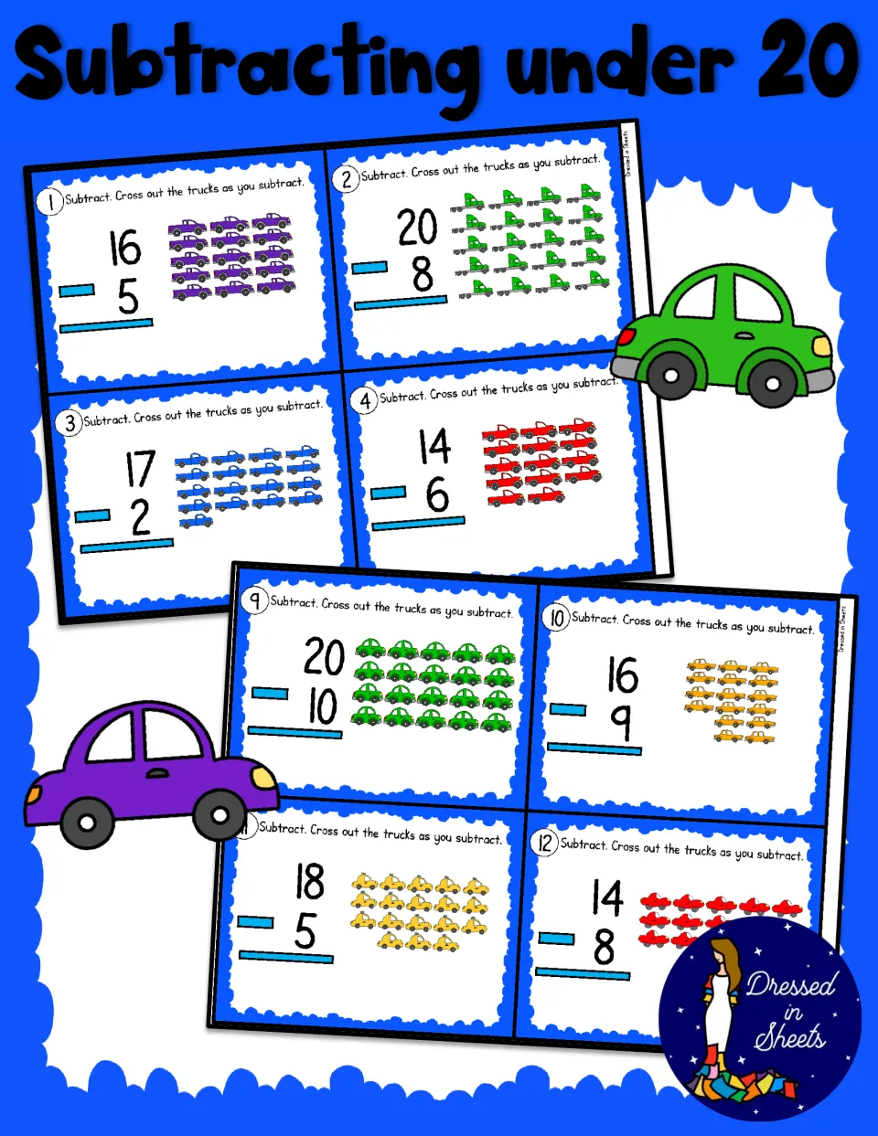 Subtracting under 20 Task Cards cover showing sample cards where students cross out trucks to solve problems like 16 - 5